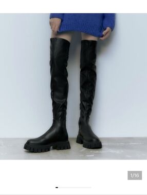 Zara Black Over The Knee Lug Sole Boots Size 10
